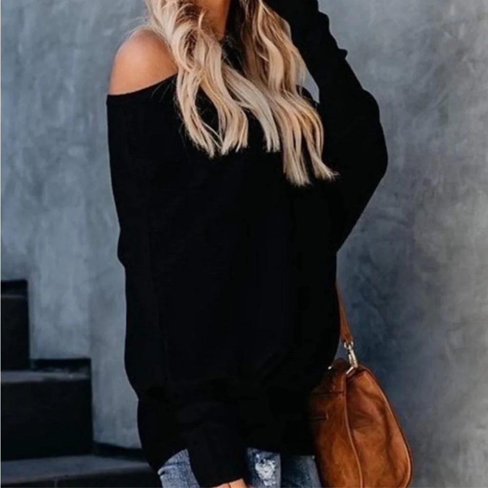 Black Off-Shoulder casual tunic Top knit women shirt